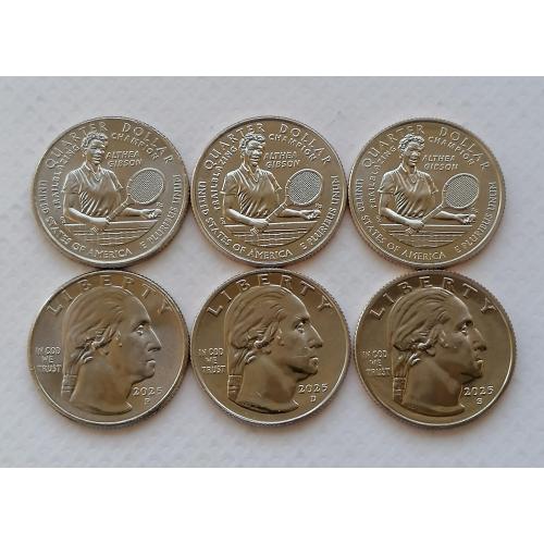 США 3 монеты ¼ доллара  2025г. Алтея Гибсон. Метка PDS. 