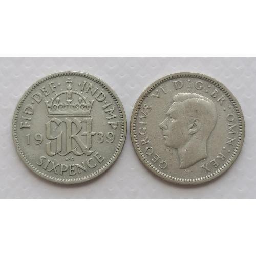 Великобритания 6 пенсов 1939г. Серебро. 