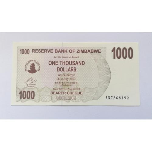 Зимбабве 1000 долларов 2006(2007) г. UNC. 