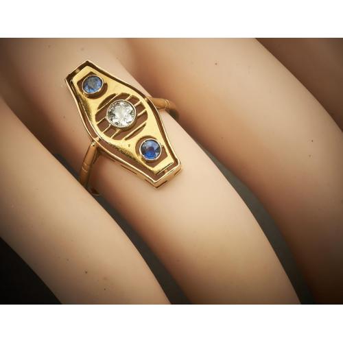 Кольцо золотое с бриллиантом и сапфирами, царская Россия 