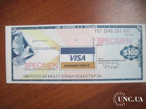 Дорожный чек 100 долларов Visa Томас Кук Образец
