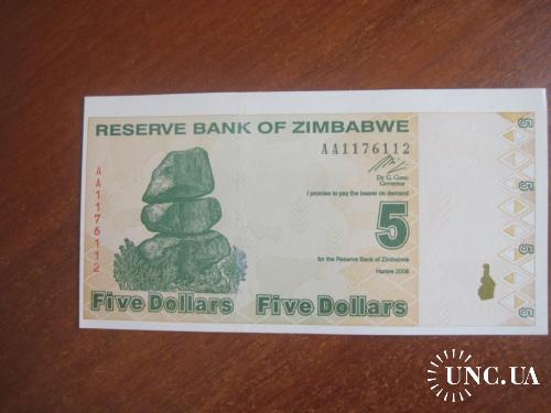 Зимбабве 2009 5 долларов постинфляционные UNC пресс