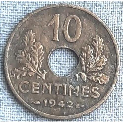 Франція 10 сантимів 1942  Цинк!  Німецька окупація Уряд Віші