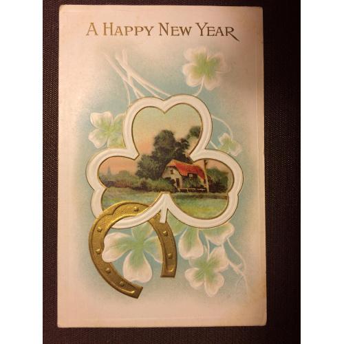 Новогодняя открытка "Клевер, подкова, дом"