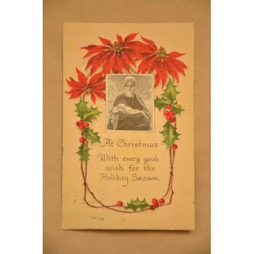 Рождественская открытка  "Дева Мария с младенцем, цветы" 