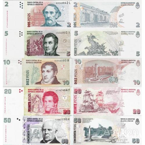 Аргентина - Argentina set 5 pcs 2+5+10+20+50 pesos - Pick 352-356 UNC random years