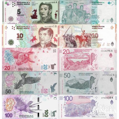 Аргентина - Argentina set 5 pcs 5+10+20+50+100 pesos - Pick 359-363 UNC New design random years