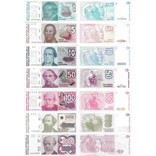 Аргентина - Argentina set 7 pcs 1+5+10+50+100+500+1000 australes - Pick 323-329 UNC random years