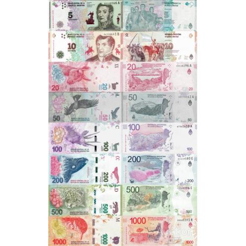 Аргентина - Argentina set 8 pcs 5-1000 pesos - Pick 359-366 UNC New design random years