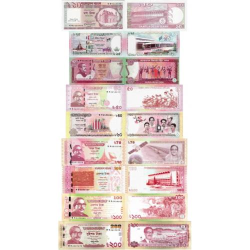 Бангладеш - Bangladesh 1996-2021 set 9 pcs 10+25+40+50+60+70+100+100+200 taka UNC Вся Юбилейка