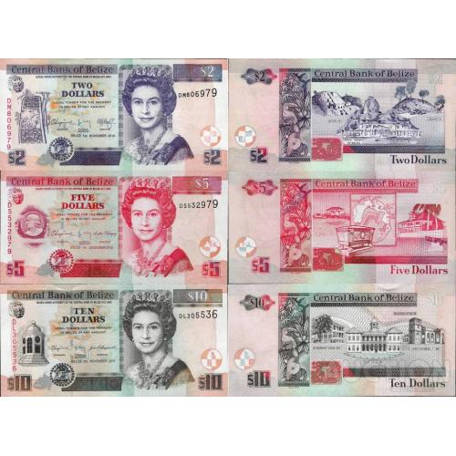 Белиз - Belize set 3 pcs 2+5+10 dollars - Pick 66-68 UNC random years