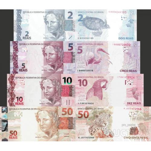 Бразилия - Brazil 2010 set 4 pcs 2+5+10+50 reais Pick 252-256 UNC random years