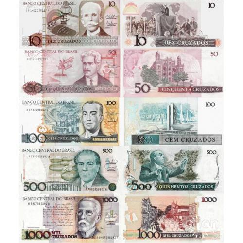 Бразилия - Brazil set 5 pcs 10+50+100+500+1000 cruzados - Pick 209-213 UNC random years