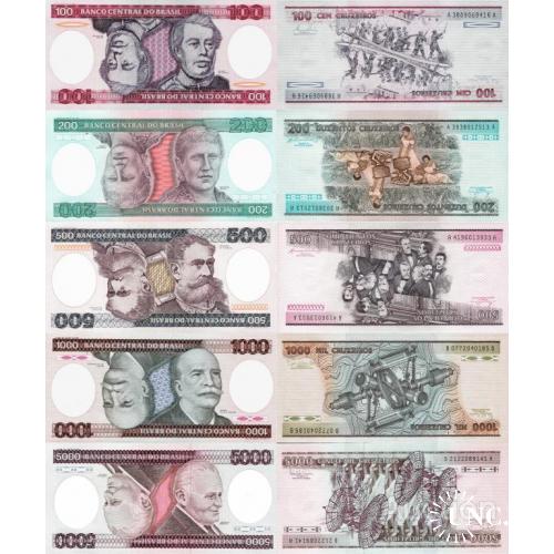 Бразилия - Brazil set 5 pcs 100+200+500+1000+5000 cruzeiros - Pick 198-202 UNC random years