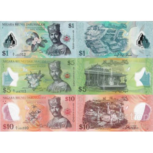 Бруней - Brunei set 3 pcs 1+5+10 ringgit - Polymer - Pick 35-37 UNC random years