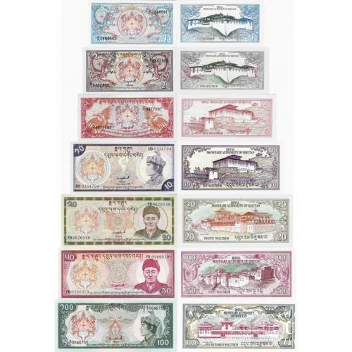 Бутан - Bhutan ND 1985-1992 - set 7 pcs 1+2+5+10+20+50+100 Ngultrum - Pick 12-18 UNC