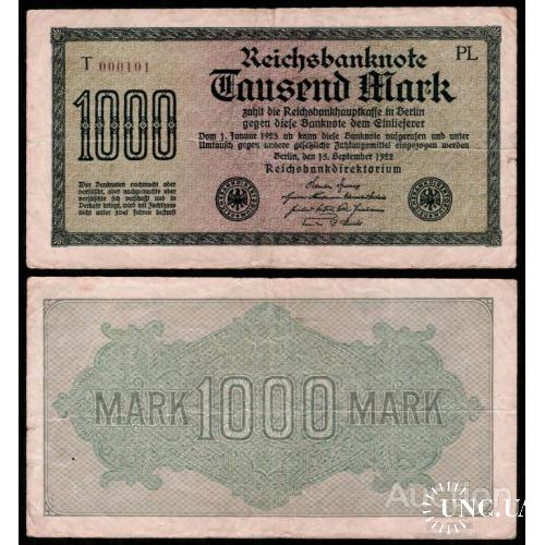 Germany - Германия - Німеччина  1000 марок 1922 XF T000101 низький номер