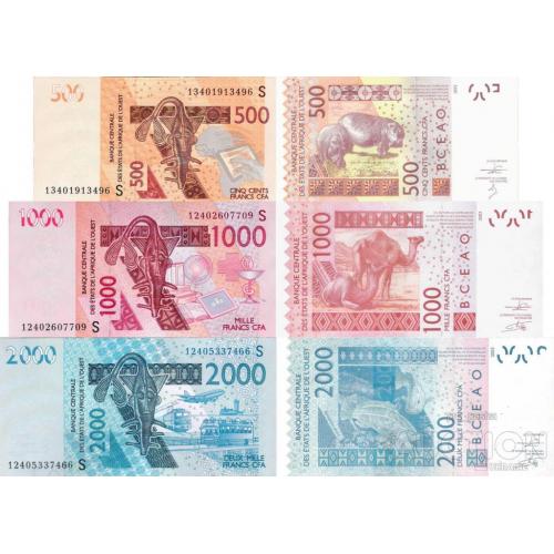 Гвинея-Бисау - Guinea Bissau - West African States set 3 pcs 500+1000+2000 francs - Pick 915-919 UNC