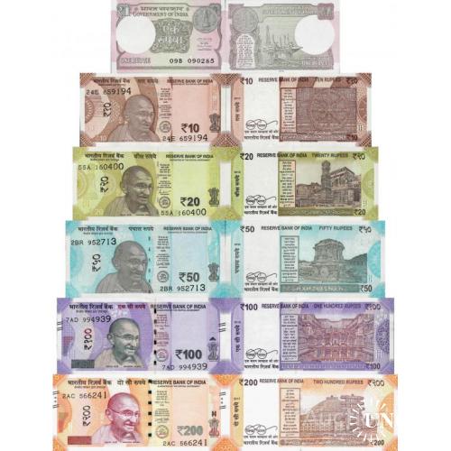 Индия - India 2016-2019 set 6 pcs 1+10+20+50+100+200 Rupees - Pick 109-113,117 UNC random years