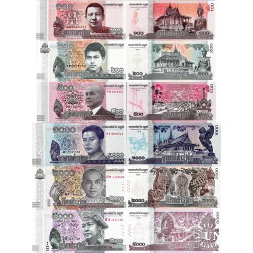 Камбоджа - Cambodia 2014-22 set 6 pcs 100+200+500+1000+2000+5000 riels - Pick 65-68,NEW,NEW UNC