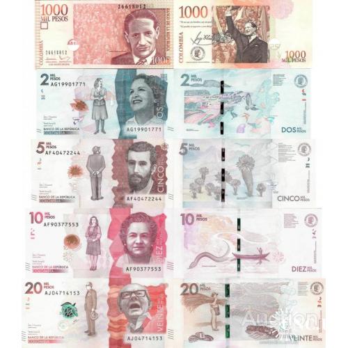 Колумбия - Colombia set 5 pcs 1000+2000+5000+10000+20000 pesos - Pick 456-461 UNC random years