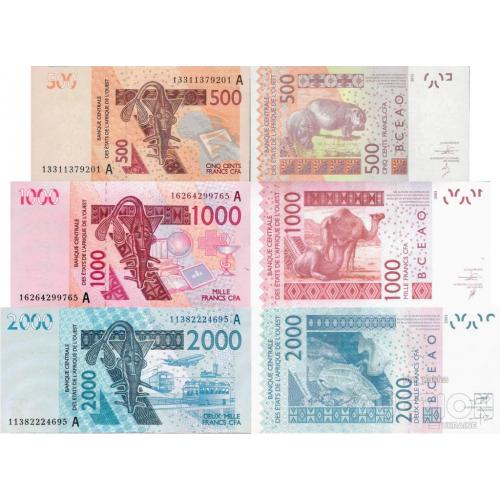 Кот-д'Ивуар - Ivory Coast - West African States set 3 pcs 500+1000+2000 francs - Pick 115-119 UNC