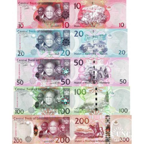 Лесото - Lesotho 2010-19 set 5 notes 10+20+50+100+200 maloti - Pick 21-25 UNC random years