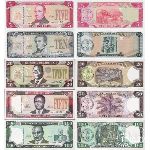 Либерия - Liberia set 5 pcs 5+10+20+50+100 dollars - Pick 26-30 UNC random years