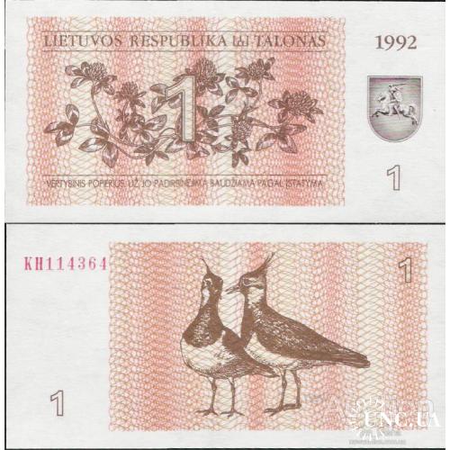 Литва - Lithuania 1992 - 1 talonas - Pick 39 UNC