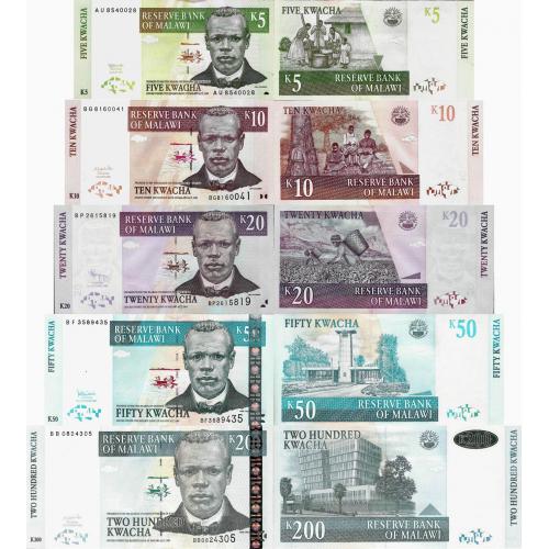 Малави - Malawi set 5 pcs 5+10+20+50+200 kwacha - Pick 36-47 UNC random years