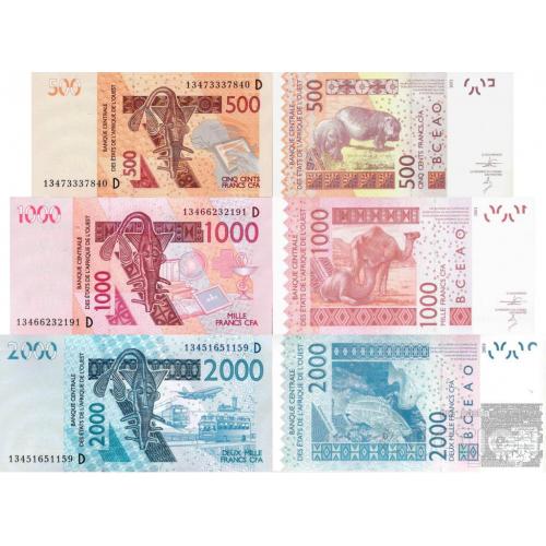 Мали - Mali - West African States set 3 pcs 500+1000+2000 francs - Pick 415-419 UNC Letter D