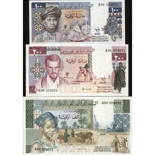 Мавритания - Mauritania 1975-77 - set 100+200+1000 ouguiya - Pick 3A-3B-3C UNC unissued (same serial