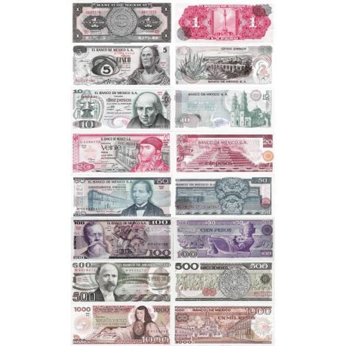 Мексика - Mexico set 8 pcs 1+5+10+20+50+100+500+1000 pesos Pick 59-85 UNC random years