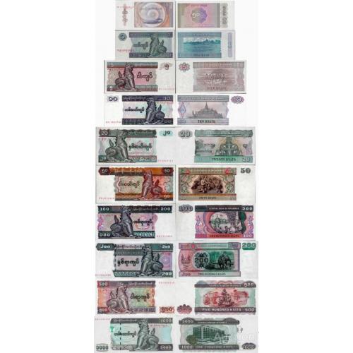 Мьянма - Myanmar set 10 pcs 0,5+1+5+10+20+50+100+200+500+1000 kyat - Pick 68-80 UNC random years