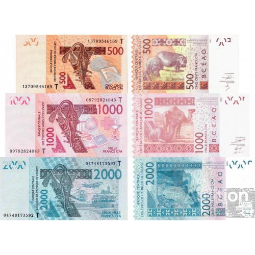 Того - Togo - West African States set 3 pcs 500+1000+2000 francs - Pick 815-919 UNC Letter T