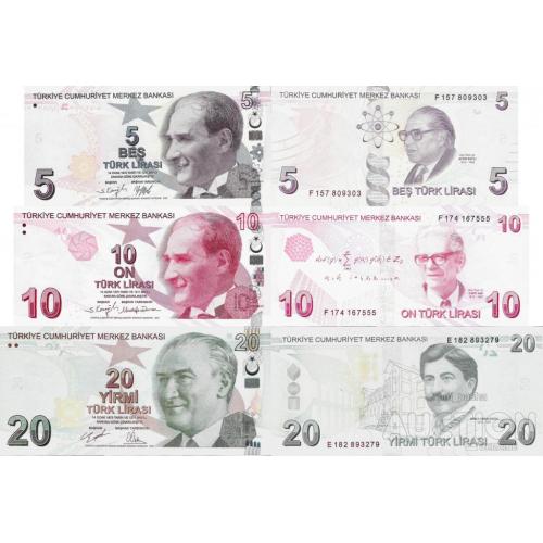 Турция - Turkey 2021-22 - set 3 pcs 5+10+20 lirasi Pick 222f-223f-224e UNC random years