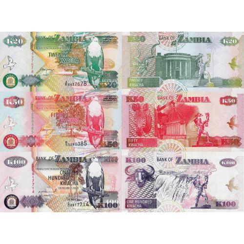 Замбия - Zambia 1992 set 3 pcs 20+50+100 kwacha - Pick 36-38 UNC