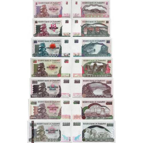 Зимбабве - Zimbabwe 1997-2004 - set 7 pcs. 5+10+20+50+100+500+1000 Dollars Pick 5-12 UNC