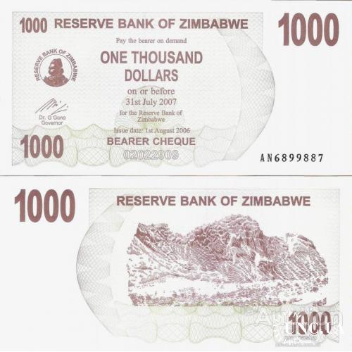 Зимбабве - Zimbabwe 2006 - 1000 Dollars Pick 44 UNC