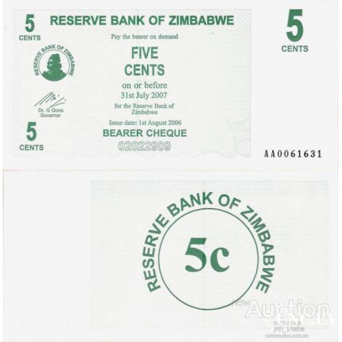 Зимбабве - Zimbabwe 2006 - 5 cents Pick 34 UNC Prefix AA