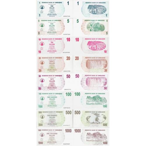 Зимбабве - Zimbabwe 2006 набор 8 шт 1+5+10+20+50+100+500+1000 dollars Pick 37-44 UNC