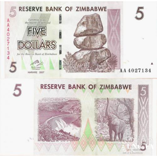 Зимбабве - Zimbabwe 2007 - 5 Dollars Pick 66 UNC