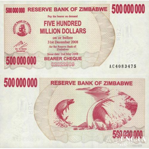 Зимбабве - Zimbabwe 2008 - 500 000 000 (500 million) Dollars Pick 60 UNC