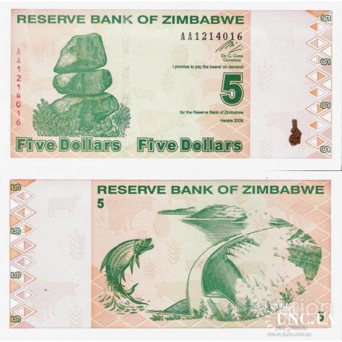 Зимбабве - Zimbabwe 2009 - 5 Dollars Pick 93 UNC