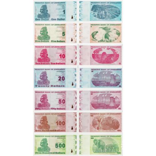 Зимбабве - Zimbabwe 2009 Full set 7 pcs 1+5+10+20+50+100+500 dollars Pick 92-98 UNC