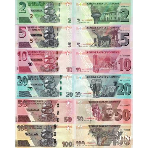 Зимбабве - Zimbabwe 2019-22 set 6 pcs 2+5+10+20+50+100 dollars Pick 101-106 UNC