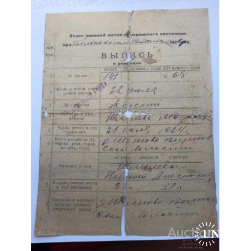 Выпись о рождении 1924 года