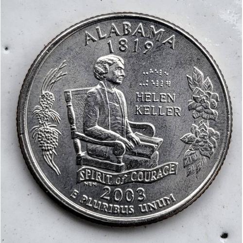 25 центов Алабама США 2003 "Р" дух мужества шрифт Брайля Хелен Келлер