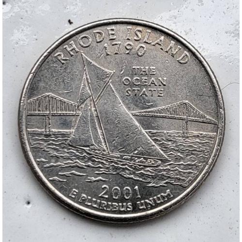 25 центов США 2001 Род-Айленд парусник яхта море мост