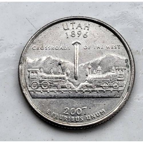 25 центов США 2007 штат Юта, Перекрёсток Запада железная дорога паровоз локомотив